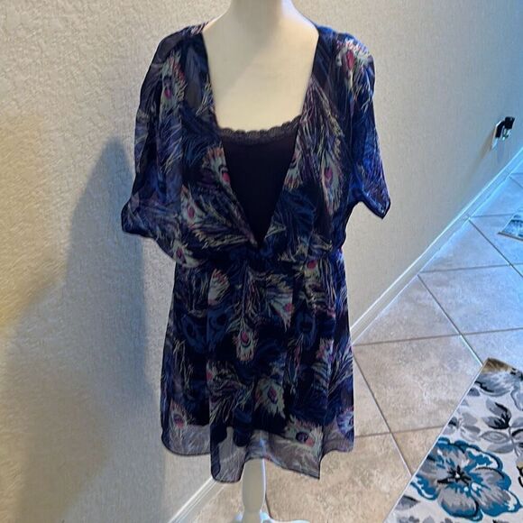 382 Womens M Semi Sheer Peacock Print Mini Slip Dress Blue Purple Flowy Vacation - Picture 7 of 11